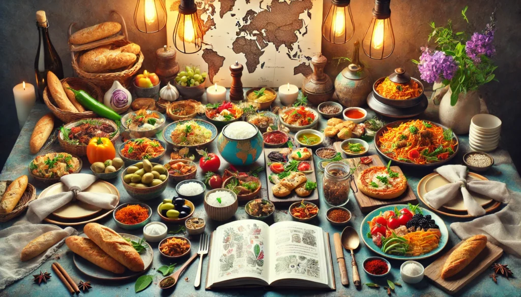 A global feast representing a food and wisdom journey with diverse dishes from around the world