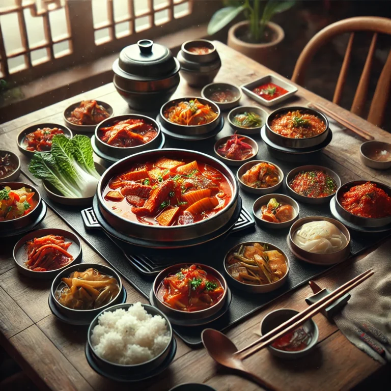 Traditional Korean meal with various side dishes and a spicy stew in a cast-iron pot on a wooden table.