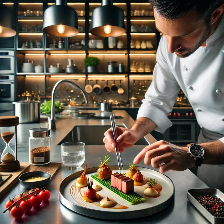 Chef plating a gourmet dish showing culinary craftsmanship in action