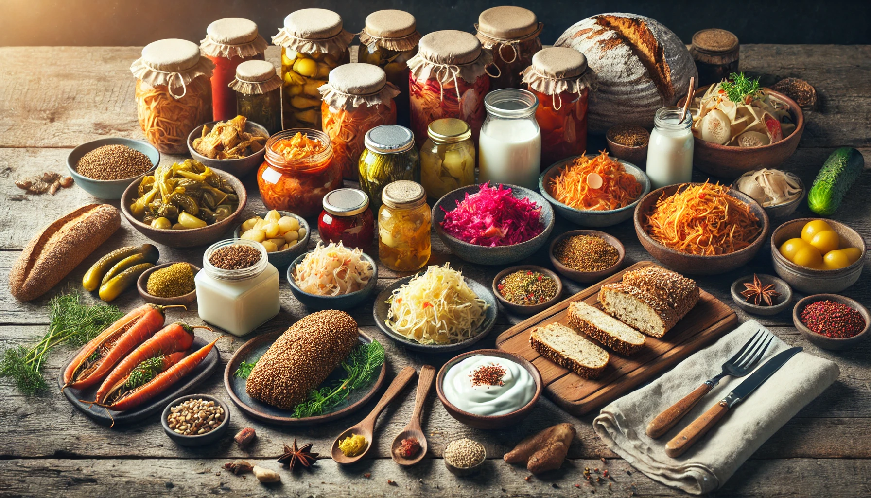 Assorted global fermented foods on a rustic wooden table with natural lighting