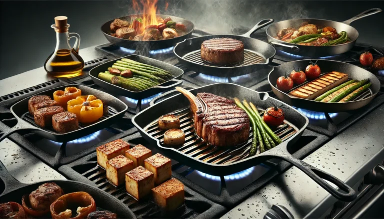 Assortment of foods, including steak and vegetables, searing on cast-iron pans on a stove.