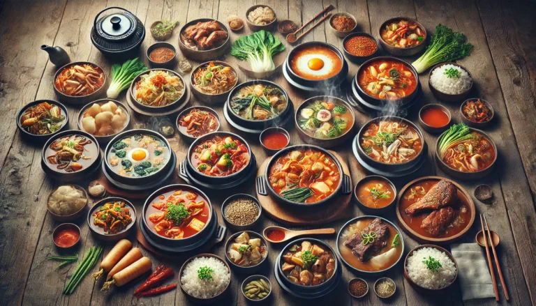 A beautifully arranged table featuring a variety of Korean autumn soups, including classic dishes like Kimchi Jjigae, Baechu-guk, and more, showcasing the warm and comforting flavors of Korean autumn cuisine.