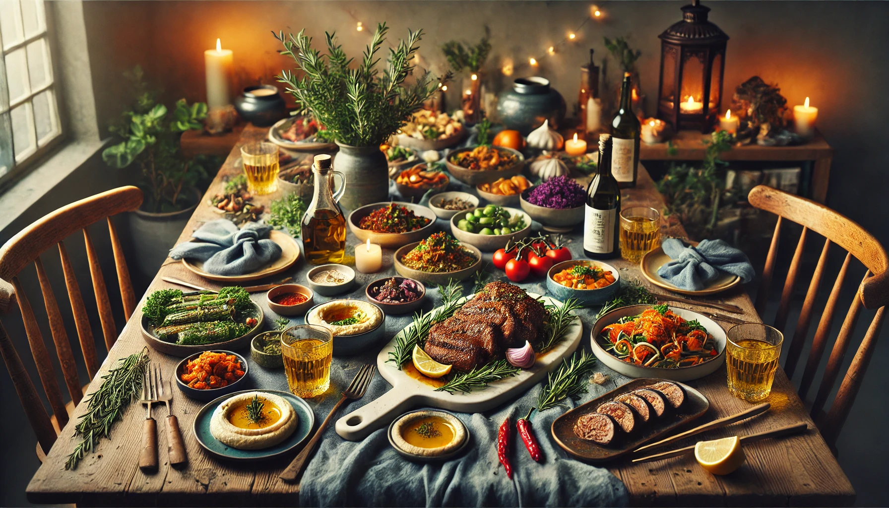 A festive dinner table set for a Mediterranean Christmas Dinner with a Korean Twist. The table features a fusion of Mediterranean and Korean dishes, including grilled lamb with rosemary, hummus, kimchi, zucchini rolls, and various vibrant vegetables and sauces. Soft candlelight and holiday decor create a warm, inviting atmosphere.