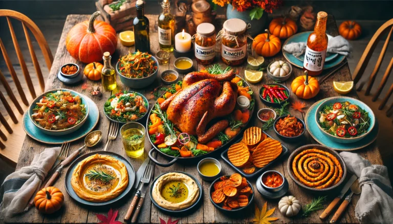 A vibrant Thanksgiving dinner table with a Mediterranean and Korean fusion feast. The table features a golden roasted turkey surrounded by dishes like kimchi tabbouleh, gochujang-spiced hummus, and sweet potato chips. Decorated with small pumpkins, candles, and seasonal herbs for a festive look.